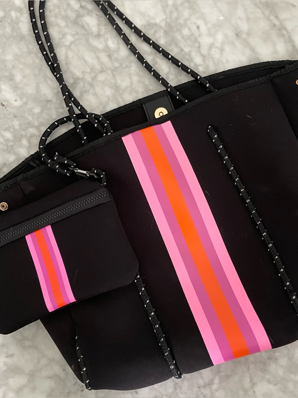 Black Tote Bag with Pink & Orange Stripe